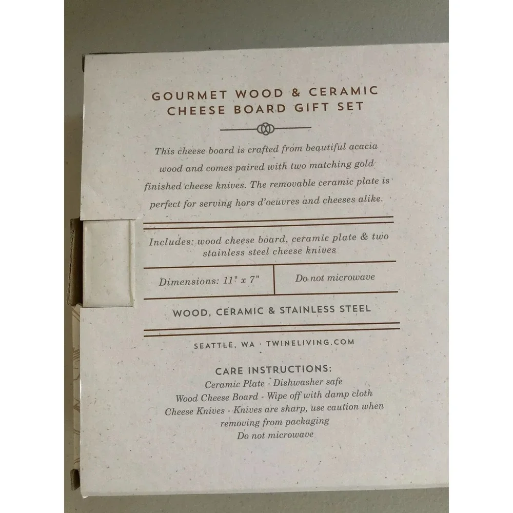 Gourmet Wood & Ceramic Cheese Board Gift Set New In Box By Twine Living Co